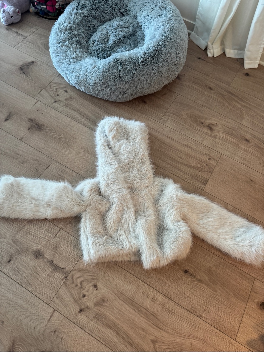 Plush Faux Fur Hooded Crop Jacket in Light Cream
